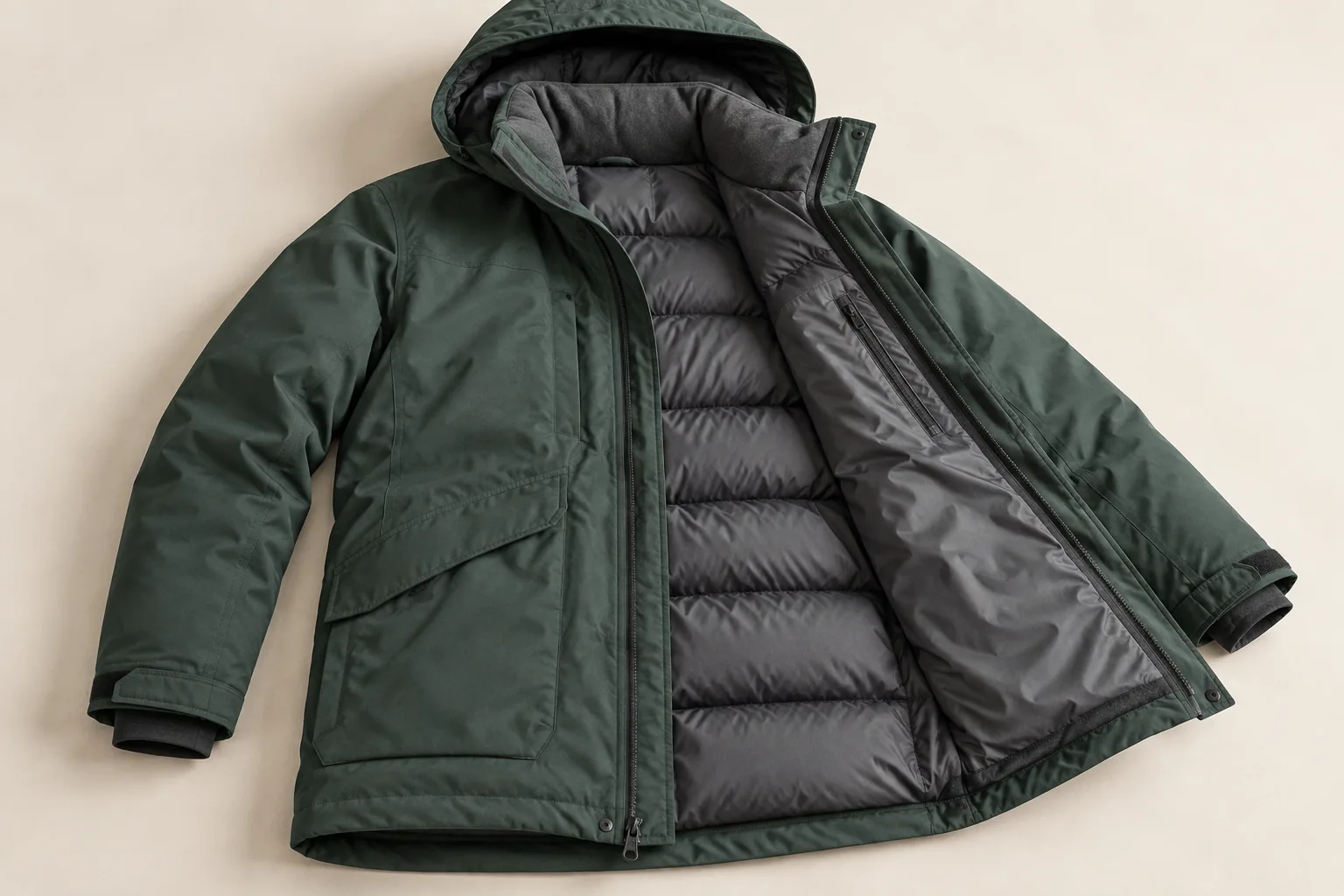 An open winter jacket showing its lining and layered construction