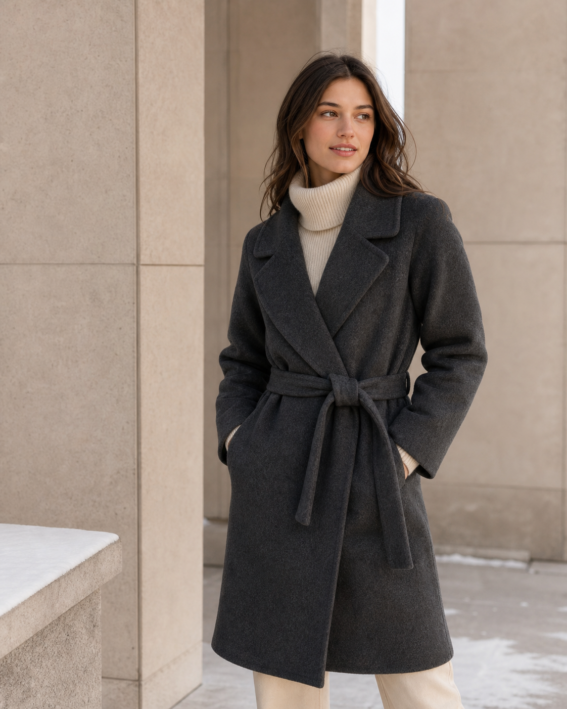 Model wearing a charcoal wool coat in a quiet winter setting