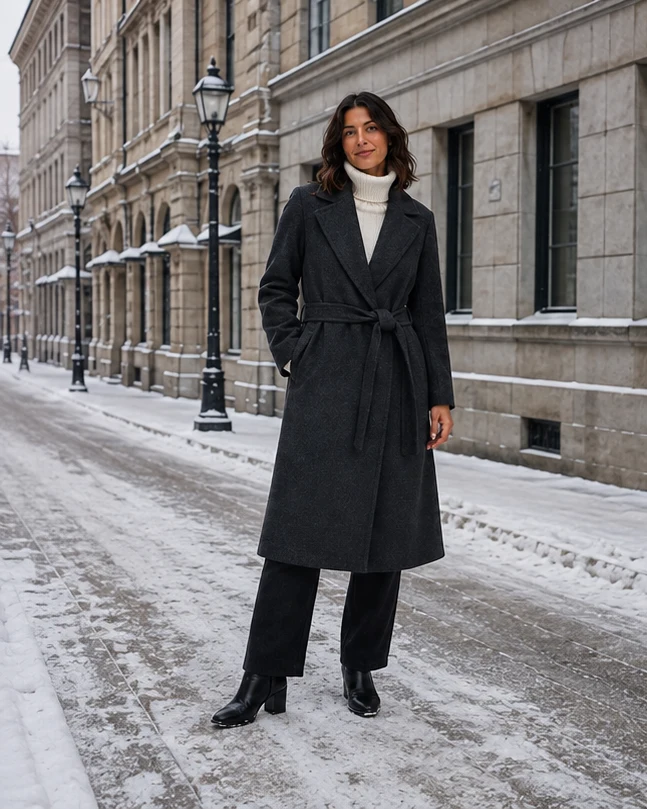 Model wearing a charcoal wool coat in a quiet winter setting